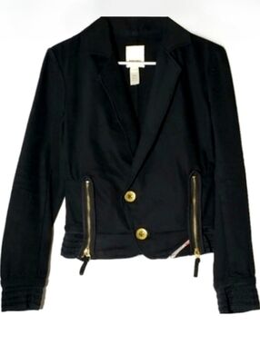 Diesel Y2K Black Denim Asymmetrical Jacket Gold Zippers Cotton Twill Cinch Waist